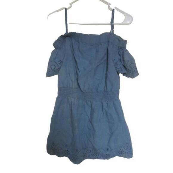 Blush Blue Eyelet Off Shoulder Mini Dress Boho Summer Large - Picture 2 of 8